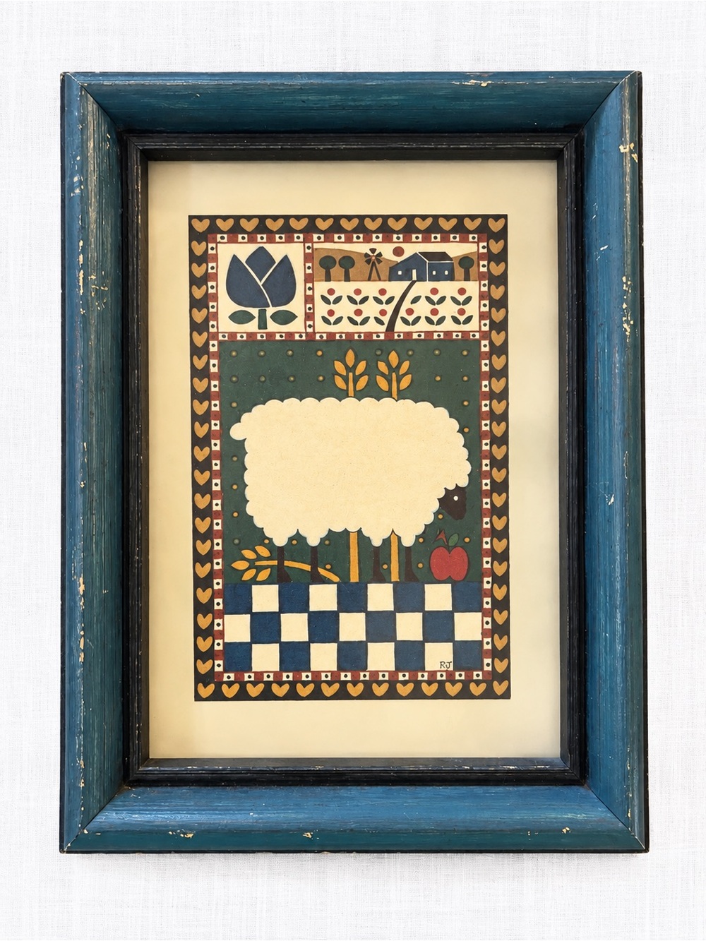 Vintage Primitive Folk Art Sheep Print | Distressed Blue Wood Frame | 7” x 9”